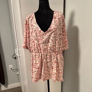 SHEIN V-Neck Floral Blouse in Red and Cream